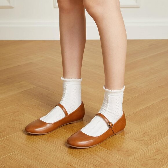 Trary Women Brown Leather Round Toe Mary Jane Ankle Strap Ballet Flats Shoes - Picture 2 of 6